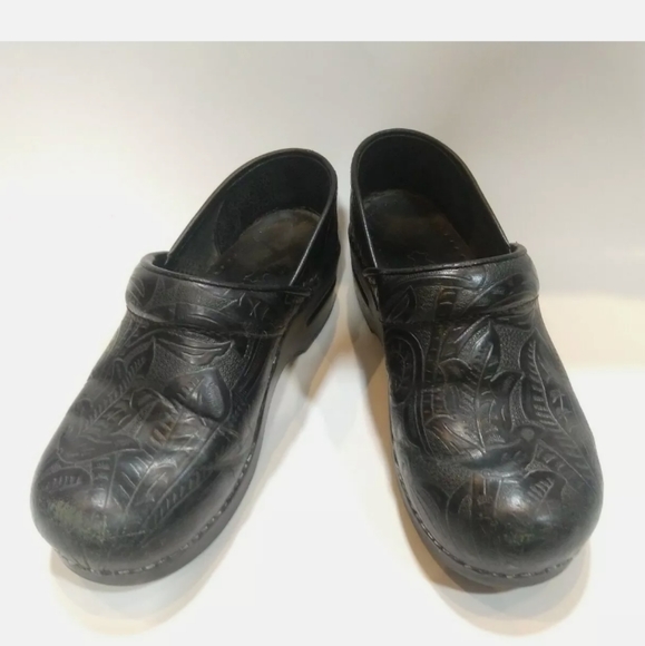 dansko black tooled clogs